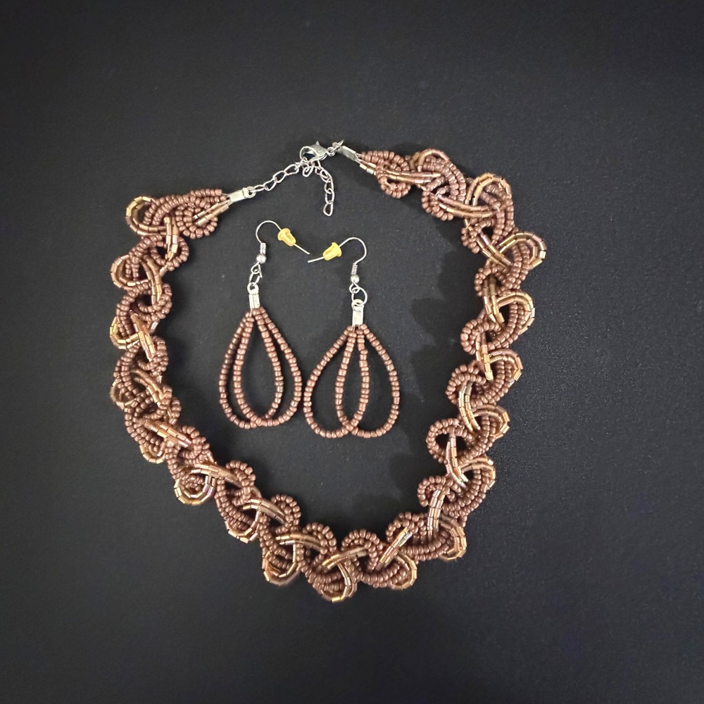 Handmade Beaded Necklace and Teardrop Earrings Set Brown Gold Tone
